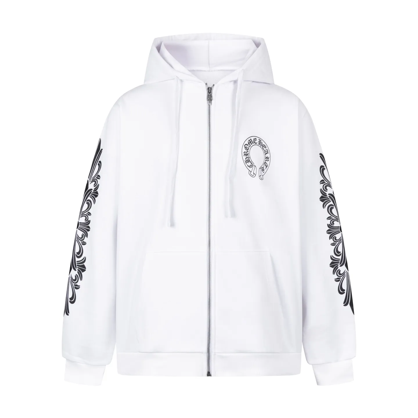 🅿️520 [Exclusive supply] CH Crow Heart Horseshoe Unicorn Arm Hooded Jacket (White) The original version was purchased and developed for 15,999. The fabric is made of 420g double-ply double yarn pure cotton terry fabric. The texture is thick and soft, comfortable and stylish to wear. The fabric has been specially treated to have good breathability and warmth, making it suitable for all seasons. The jacket adopts the imported machine white ink direct injection process, showing exquisite printing in multiple parts, including the iconic horseshoes, unicorn arms and Sanskrit patterns, and the details are processed to perfection. The whole product is produced on the assembly line of a large factory, with exquisite workmanship and fine and neat stitching. The version is designed in a loose oversize style and can be worn by both men and women, making it an ideal choice for couples. The zipper closure makes it easy to put on and take off, and the hooded style adds a casual feel. This jacket has been strictly controlled from fabric selection to production process, making it extremely valuable for both daily wear and collection. Size:S-M-L